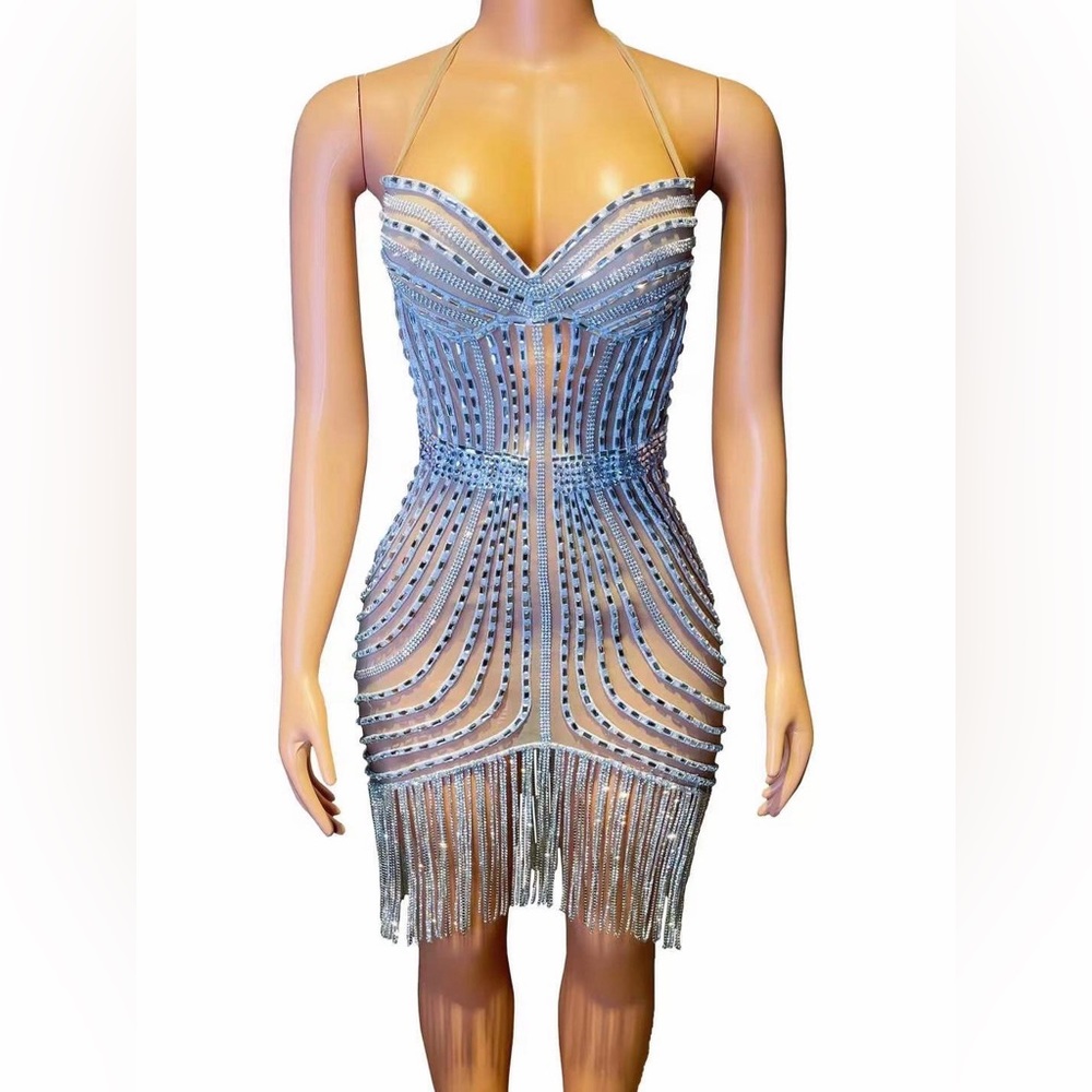 Rhinestone Embellished Spandex Dress with Fringe
